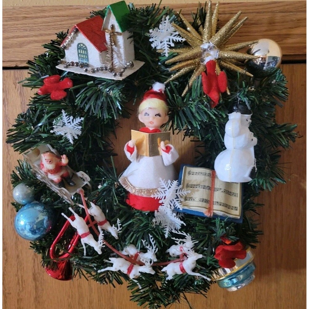 Vintage Santa Ornaments Christmas Wreath 12” Handmade Holiday Door Wall Decor